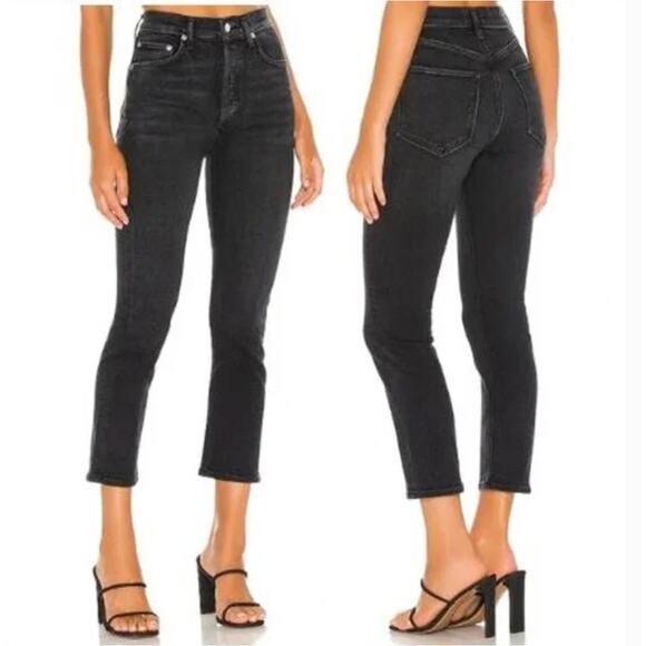 AGOLDE Riley High Rise Button Fly Straight Crop Denim Jeans Size 23 Washed Black - Picture 1 of 7